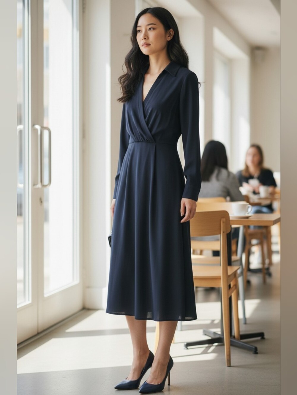 Lauren Ralph Lauren Classic Navy Long-Sleeve Faux Wrap Midi Dress Sz 4